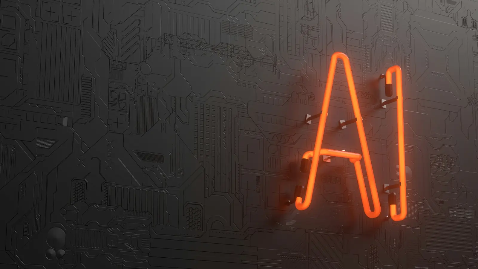 The letters AI in glowing orange neon, mounted on a dark circuit-board wall
